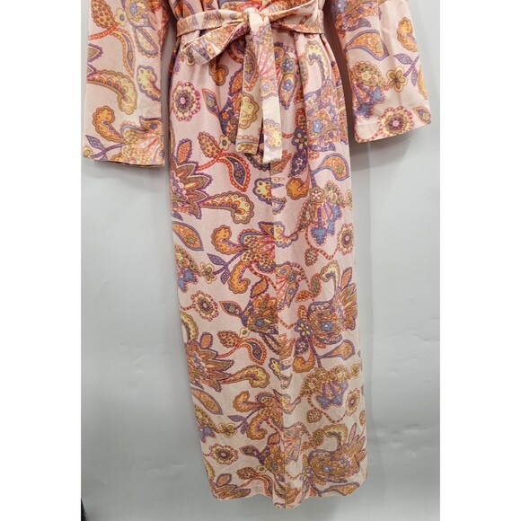 Vintage Sears At Home Wear Belted Robe M/L Paisley Print Fleece Pockets Pink 70s - Picture 4 of 7